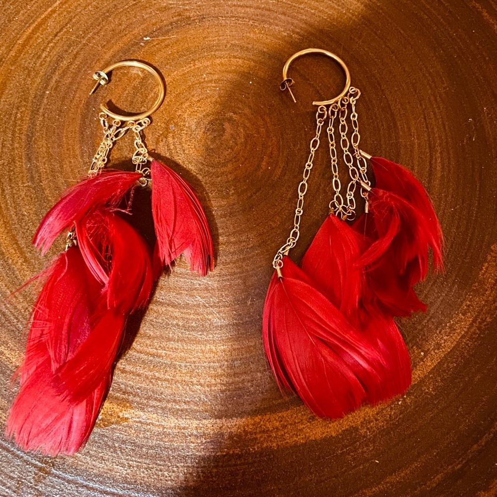 Feather earrings - long rich dark red